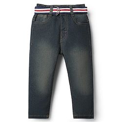 Babyhug Denim Full Length Washed Jeans With Stretch & Belt - Navy Blue