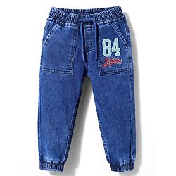 Babyhug Full Length Denim Joggers with Stretch & 84 Athletic Embroidery - Blue