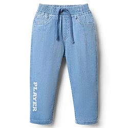 Babyhug Full Length Washed Stretchable Denim Jeans With Player Print - Light Blue