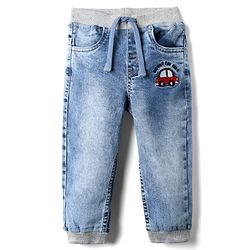 Babyhug Denim Full Length Washed Joggers With Stretch & Vehicle Embroidery - Light Blue