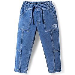 Babyhug Cotton Full Length Stretchable Denim Jeans with Team Varsity 38 Print - Blue