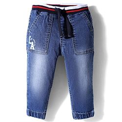 Babyhug Full Length Washed Denim Joggers With LA Print & Stretch - Blue