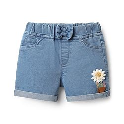 Babyhug Mid Thigh Length Shorts With Stretch Bow & Floral Applique - Blue