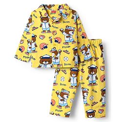 Babyhug Cotton Knit Full Sleeves Front Open Co-Ords Night Suit With Cartoon Print - Yellow