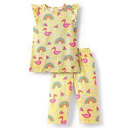 Babyhug Cotton Knit Frill Sleeves Co-ords Night Suit With Heart & Bird Print - Yellow