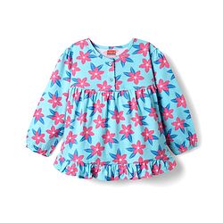 Babyhug Cotton Knit Full Sleeves Co-ords Night Suit With Floral Print - Light Blue