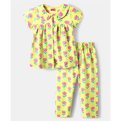 Babyhug Cotton Knit Half Sleeves Front Open Co-Ord Night Suit with Floral Print - Light Green