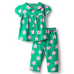 Babyhug Cotton Knit Half Sleeves Front Open Co-Ords Night Suit With Star Print - Green