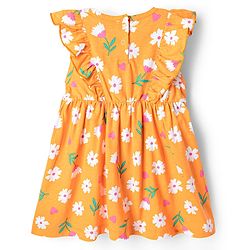 Babyhug Single Jersey Knit Frill Sleeves Floral Printed Frock with Bloomer & Bow Applique - Orange