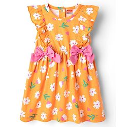 Babyhug Single Jersey Knit Frill Sleeves Floral Printed Frock with Bloomer & Bow Applique - Orange