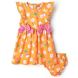 Babyhug Single Jersey Knit Frill Sleeves Floral Printed Frock with Bloomer & Bow Applique - Orange