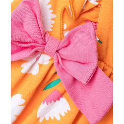 Babyhug Single Jersey Knit Frill Sleeves Floral Printed Frock with Bloomer & Bow Applique - Orange