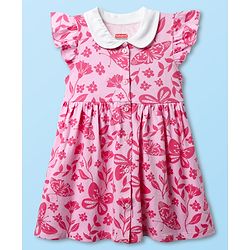 Babyhug Single Jersey Knit Peter Pan Collar Frill Sleeves Frock With Floral Print - Pink