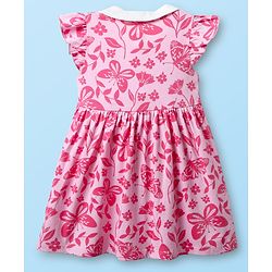 Babyhug Single Jersey Knit Peter Pan Collar Frill Sleeves Frock With Floral Print - Pink
