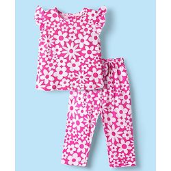 Babyhug Cotton Knit Frill Sleeves Co-Ord Night Suit With Floral Print - Pink