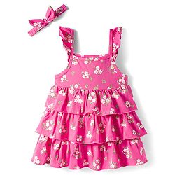 Babyhug Single Jersey Knit Frill Sleeves Layered Frock with Floral Print & Bow Applique Headband - Pink