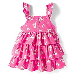 Babyhug Single Jersey Knit Frill Sleeves Layered Frock with Floral Print & Bow Applique Headband - Pink