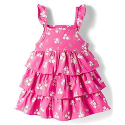 Babyhug Single Jersey Knit Frill Sleeves Layered Frock with Floral Print & Bow Applique Headband - Pink
