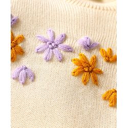 Babyhug Knitted Full Sleeves Sweater Set with Floral Embroidery - Cream