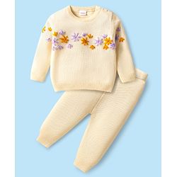 Babyhug Knitted Full Sleeves Sweater Set with Floral Embroidery - Cream