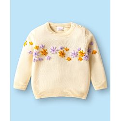 Babyhug Knitted Full Sleeves Sweater Set with Floral Embroidery - Cream