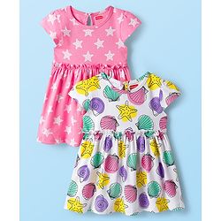 Babyhug Single Jersey Knit Half Sleeves Frocks With Seashell & Starfish Print Pack of 2 - Pink & White