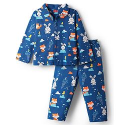 Babyhug Cotton Knit Full Sleeves Front Open Co-ords Night Suit With Animal Print - Blue