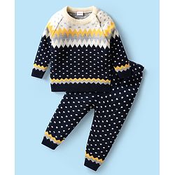 Babyhug Knitted Full Raglan Sleeves Sweater Set with Argyle Design - Navy Blue & Yellow