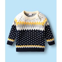 Babyhug Knitted Full Raglan Sleeves Sweater Set with Argyle Design - Navy Blue & Yellow