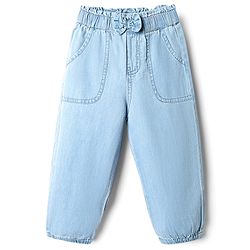 Babyhug Cotton Full Length Denim Jeans with Bow Applique - Light Blue