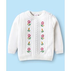 Babyhug Knitted Full Sleeves Sweater Set with Cable Knit & Floral Design - White