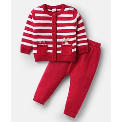 Babyhug Knitted Full Sleeves Front Open Sweater Set with Stripes - White & Red