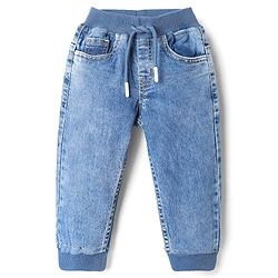 Babyhug Denim Full Length Washed Joggers With Stretch - Blue