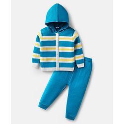 Babyhug Knitted Full Sleeves Hooded Sweater Set with Stripes - Blue & Yellow