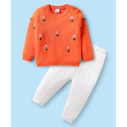 Babyhug Knitted Full Sleeves Sweater Set with Floral Embroidery - White & Orange