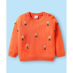 Babyhug Knitted Full Sleeves Sweater Set with Floral Embroidery - White & Orange