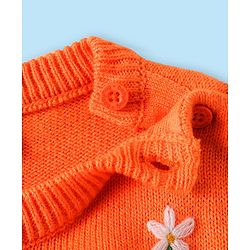 Babyhug Knitted Full Sleeves Sweater Set with Floral Embroidery - White & Orange