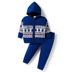 Babyhug Knit Full Sleeves Front Open Hooded Sweater & Pant Set with Pine Tree Design - Navy Blue