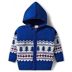 Babyhug Knit Full Sleeves Front Open Hooded Sweater & Pant Set with Pine Tree Design - Navy Blue