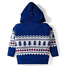 Babyhug Knit Full Sleeves Front Open Hooded Sweater & Pant Set with Pine Tree Design - Navy Blue