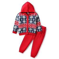 Babyhug Knitted Full Sleeves Hooded Sweater Set with Floral Design - Red
