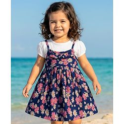 Babyhug Single Jersey Knit Half Sleeves Frock With Floral Print - Navy Blue & White