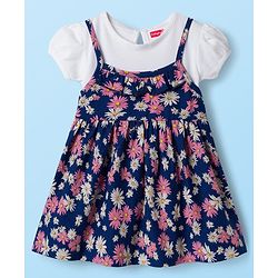 Babyhug Single Jersey Knit Half Sleeves Frock With Floral Print - Navy Blue & White