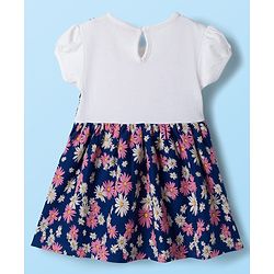 Babyhug Single Jersey Knit Half Sleeves Frock With Floral Print - Navy Blue & White