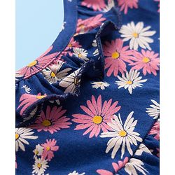 Babyhug Single Jersey Knit Half Sleeves Frock With Floral Print - Navy Blue & White