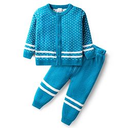 Babyhug Knitted Full Sleeves Front Open Sweater Set with Polka Dot Design - Blue
