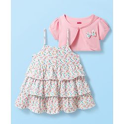 Babyhug Single Jersey Knit Floral Printed Frock with Half Sleeves Shrug - Pink & White