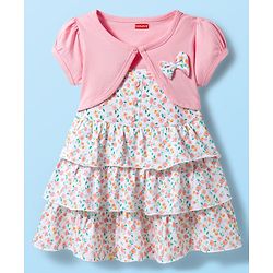 Babyhug Single Jersey Knit Floral Printed Frock with Half Sleeves Shrug - Pink & White