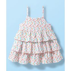 Babyhug Single Jersey Knit Floral Printed Frock with Half Sleeves Shrug - Pink & White