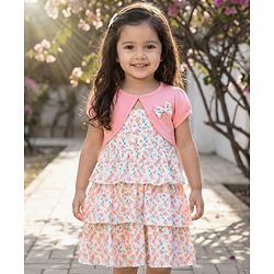 Babyhug Single Jersey Knit Floral Printed Frock with Half Sleeves Shrug - Pink & White